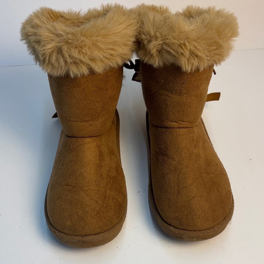 Josmo Little Girls Cozy Tan Kids Faux Fur Lined Boots Bow Design Fuzzy Size 1